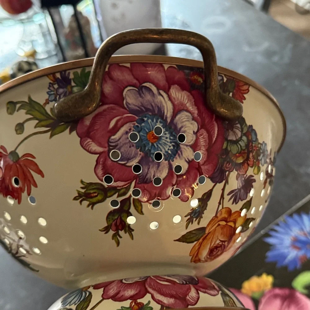 MacKenzie-Childs Floral Cream and Pink Enamel Colander with Gold Trim
